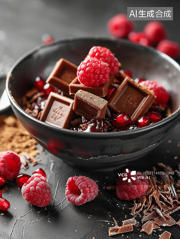 【AI数字艺术】覆盆子和巧克力块装饰的巧克力慕斯碗图片素材