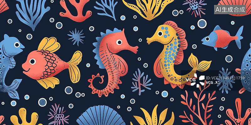 【AI数字艺术】海底世界手绘可爱鱼类和海藻的无缝图案图片素材