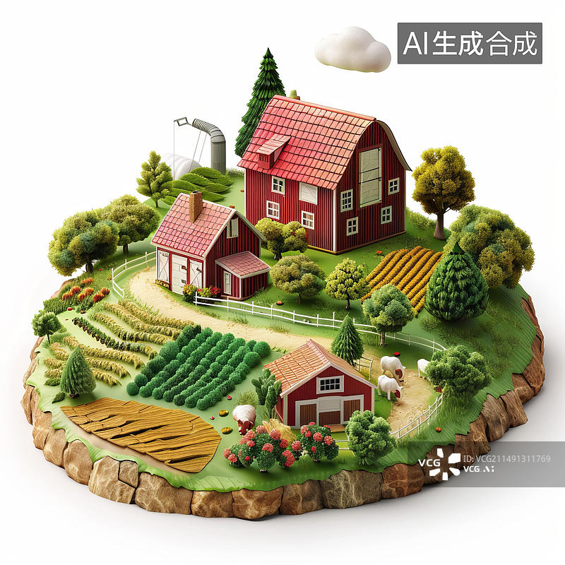 【AI数字艺术】一个红色的农场谷仓和农田的等距农场场景图片素材