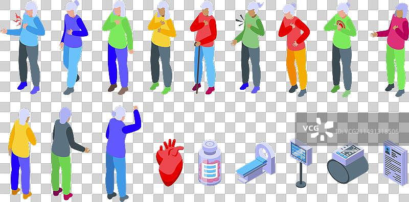 老妇人胸痛图标等距设置图片素材