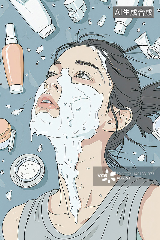 【AI数字艺术】亚洲女性脸上的泡沫背景周围是护肤品图片素材