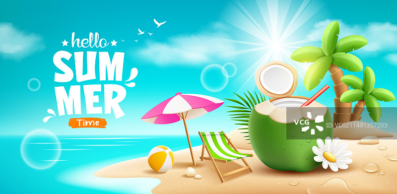 新鲜椰子和鲜花沙滩伞图片素材