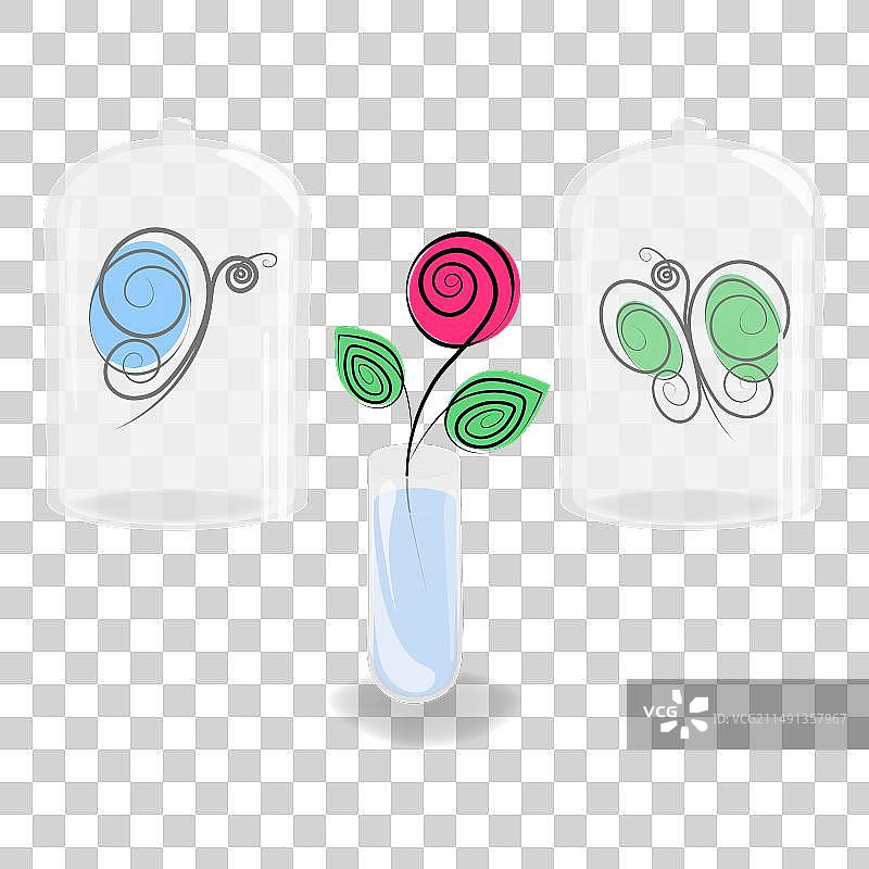 玻璃罩下的风格化蝴蝶和玫瑰图片素材