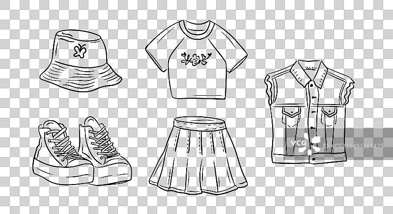 90年代复古风女孩装扮速写图片素材