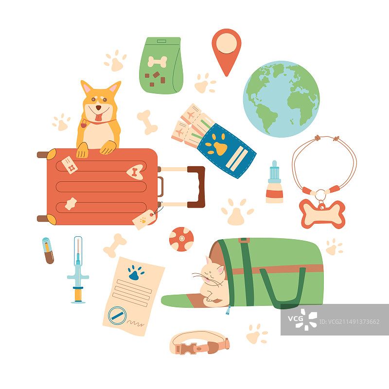 带宠物旅行：猫狗圆形组合图片素材