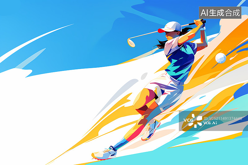 【AI数字艺术】奥运会一个女运动员在打高尔夫球蓝色炫彩插画图片素材
