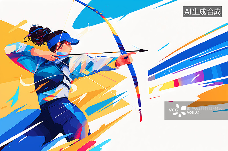 【AI数字艺术】奥运会一个女运动员在射箭蓝色炫彩插画图片素材