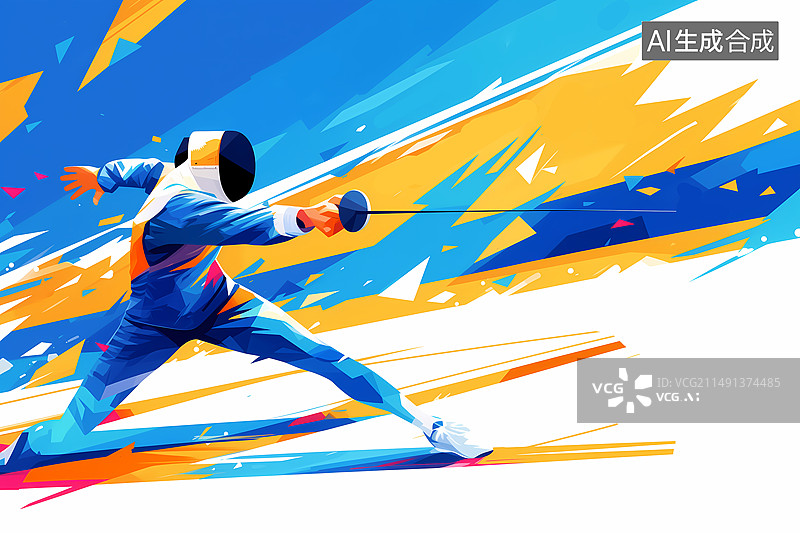 【AI数字艺术】奥运会一个男运动员在击剑蓝色炫彩插画图片素材