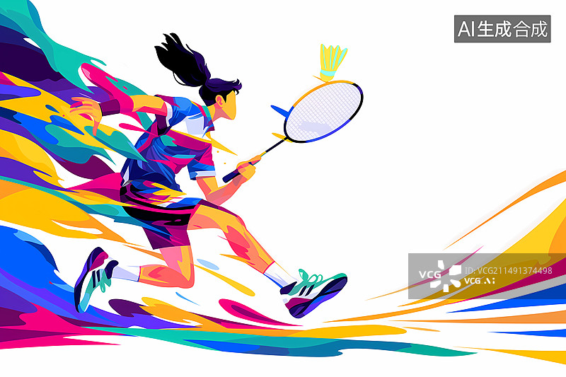 【AI数字艺术】奥运会一个女运动员在打羽毛球蓝色炫彩插画图片素材