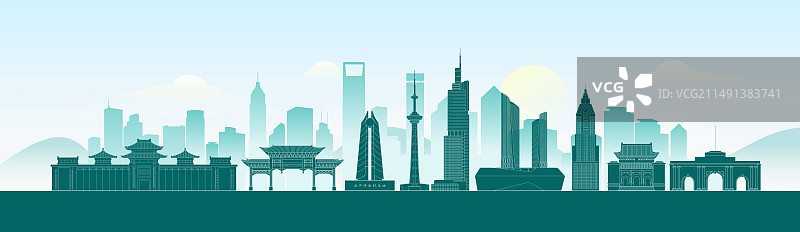 南京城市地标建筑渐变剪影矢量插画海报图片素材