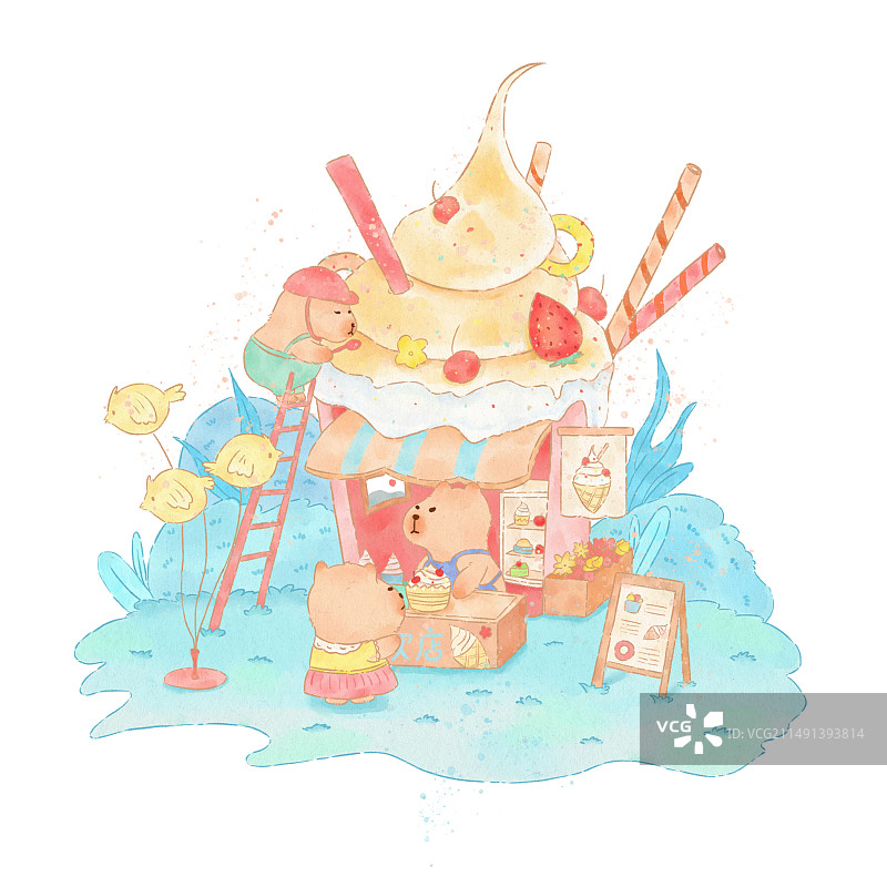卡皮巴拉冰激凌水彩小场景图片素材