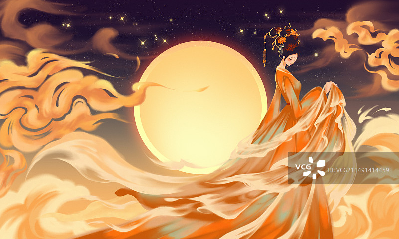 古风汉服，中秋节插画图片素材