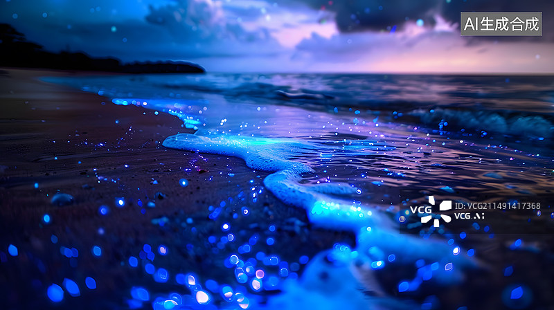 【AI数字艺术】夜晚海滩上的蓝眼泪景观图片素材