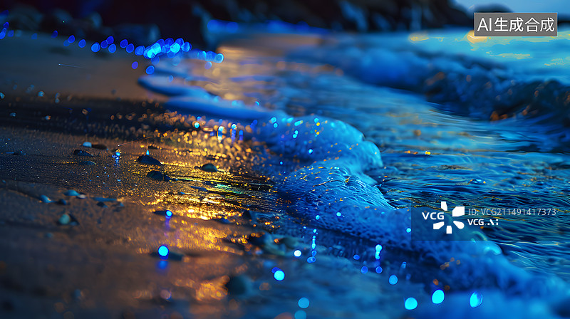 【AI数字艺术】夜晚海滩上的蓝眼泪景观图片素材