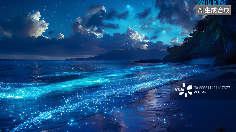【AI数字艺术】夜晚海滩上的蓝眼泪景观图片素材
