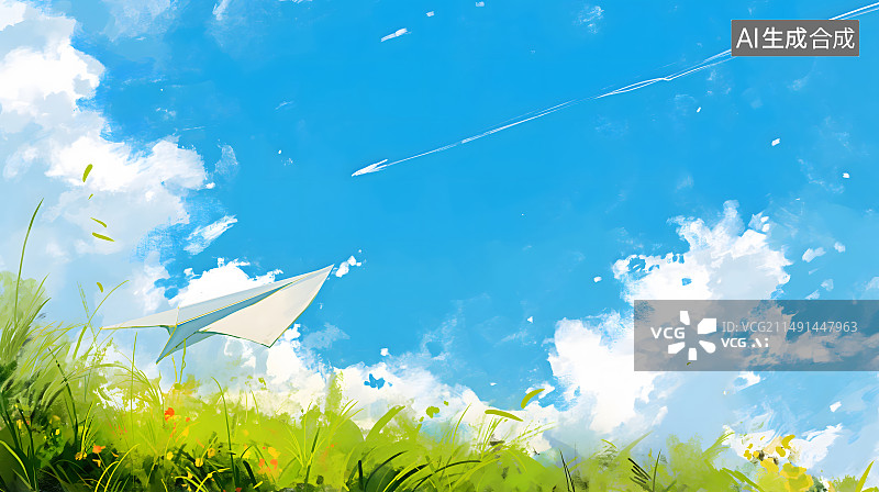【AI数字艺术】水彩风纸飞机飞在户外蓝天白云草地上的插画背景图片素材
