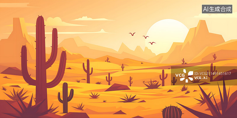 【AI数字艺术】扁平卡通仙人掌沙漠风景插画图片素材
