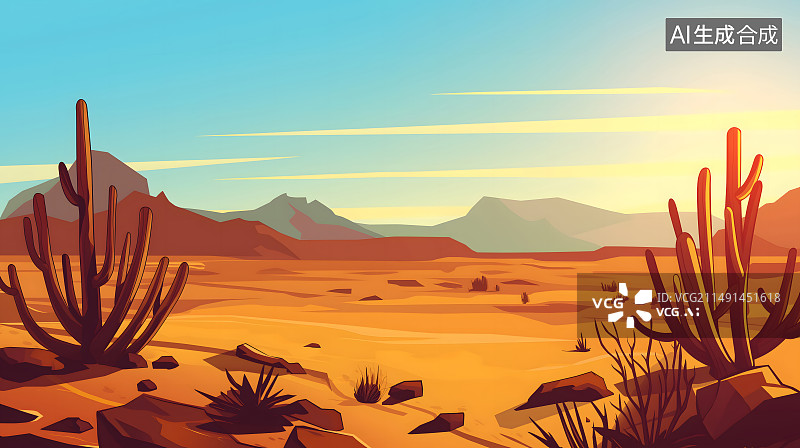 【AI数字艺术】扁平卡通仙人掌沙漠风景插画图片素材