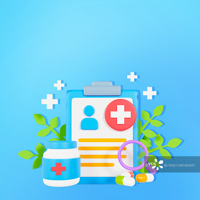 3D渲染的医疗体检报告医疗元素海报背景图片素材