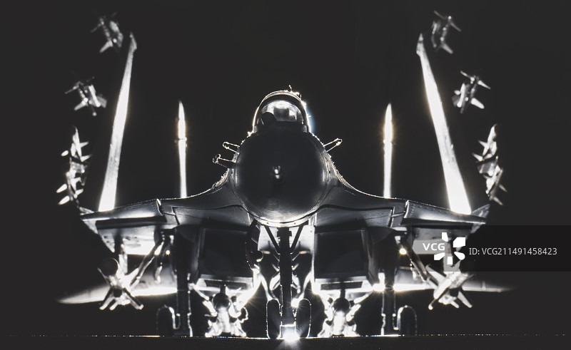 黑色背景中的舰载战斗机模型正面细节特写图片素材