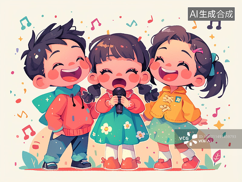 【AI数字艺术】节日欢快唱歌的三个孩子插画图片素材