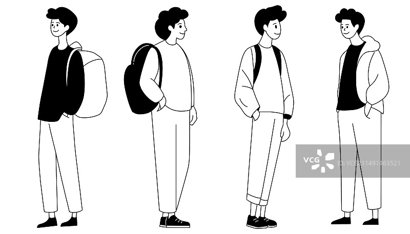 黑白人物扁平风男生站姿插画图片素材
