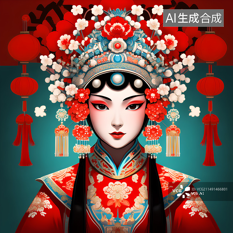 【AI数字艺术】国潮风人物插画，京剧戏曲元素，青衣，花旦，红色戏妆少女，美人，凤冠霞帔图片素材