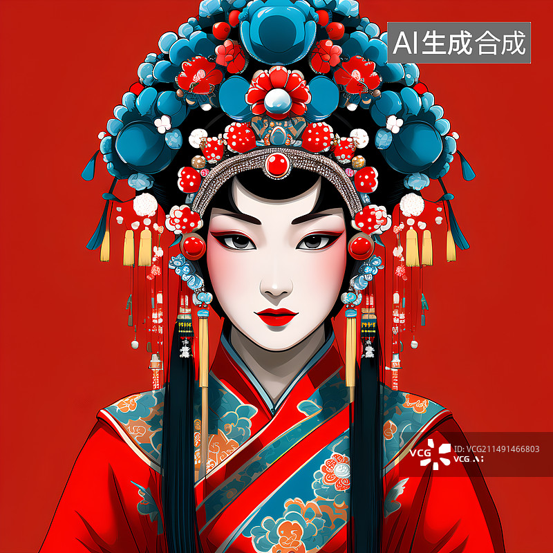 【AI数字艺术】国潮风人物插画，京剧戏曲元素，青衣，花旦，红色戏妆少女，美人，凤冠霞帔图片素材
