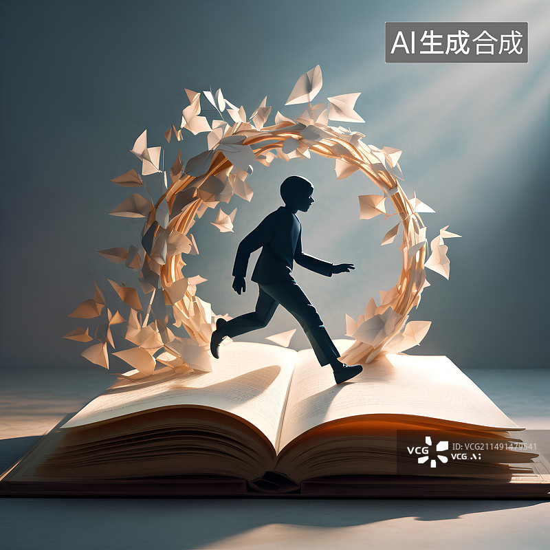 【AI数字艺术】书页，书本上的小人，在文化知识的海洋里漫步，漫游，旅行图片素材
