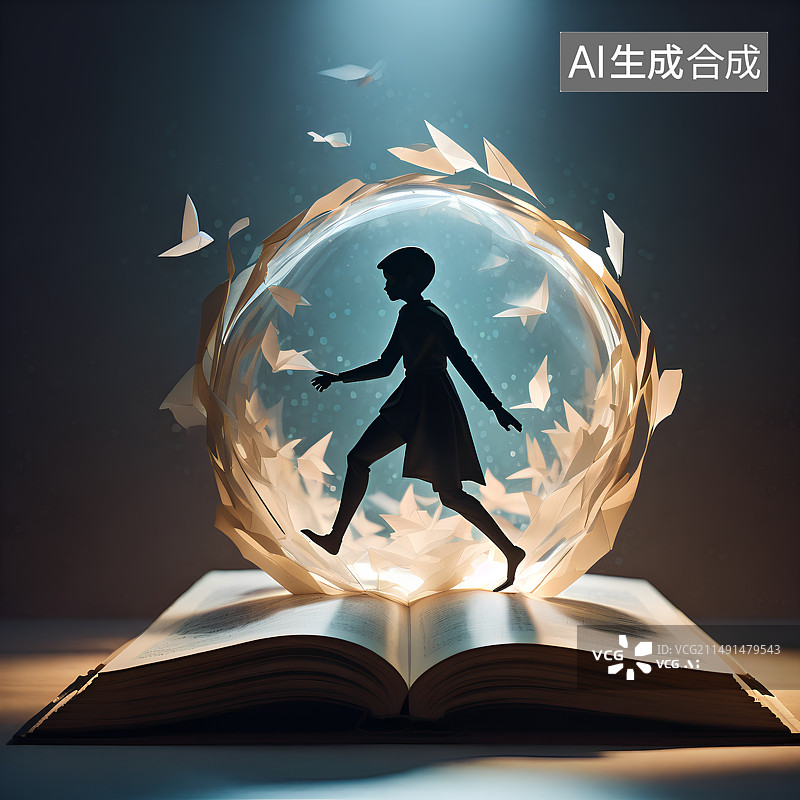 【AI数字艺术】书页，书本上的小人，在文化知识的海洋里漫步，漫游，旅行图片素材