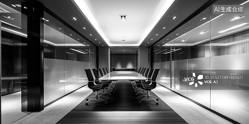 【AI数字艺术】现代风格的空会议室玻璃墙和大号会议桌图片素材