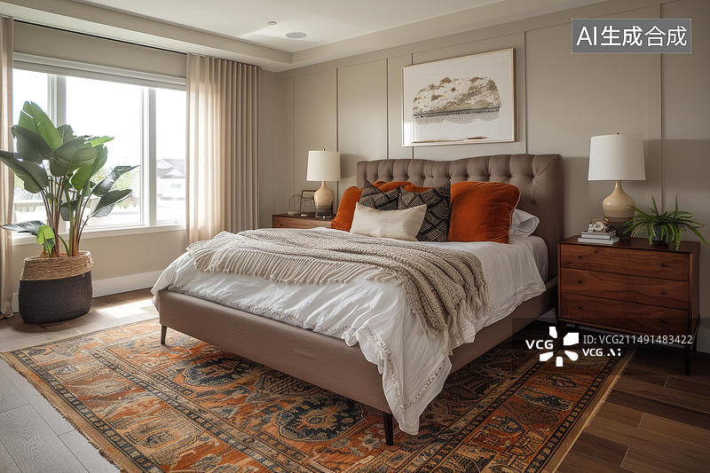 【AI数字艺术】一间带大床地毯和植物的主卧室图片素材
