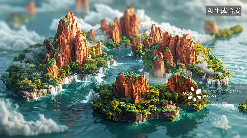 【AI数字艺术】一群带瀑布和绿植的岩石岛屿图片素材