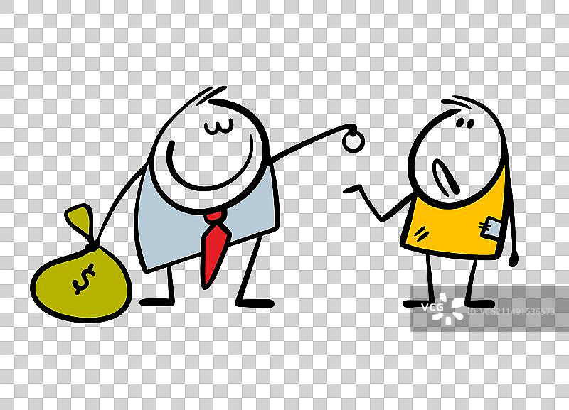 卡通中满意的富有商人给一枚硬币图片素材