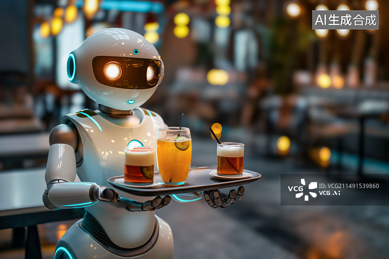 【AI数字艺术】餐厅内的人形机器人服务员图片素材