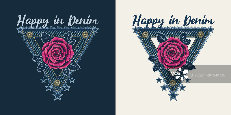 带流苏粉红玫瑰的三角形牛仔布标签图片素材