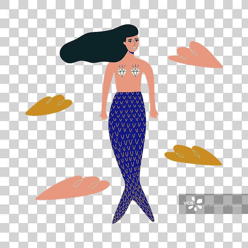 带可爱美人鱼和海浪的海报图片素材