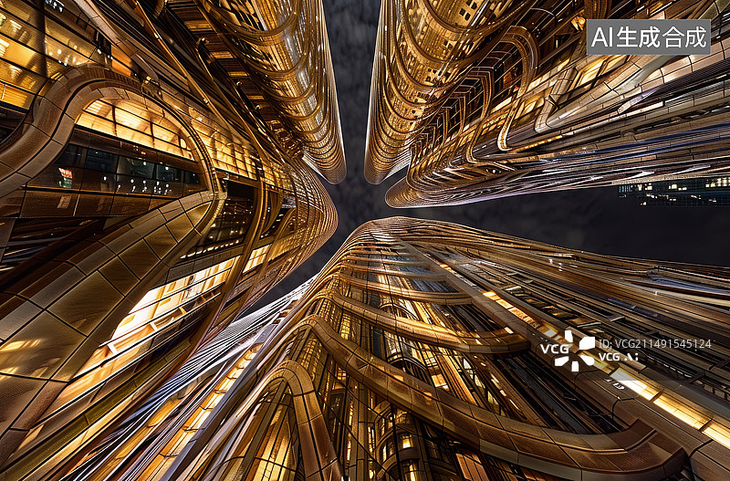 【AI数字艺术】金色现代建筑曲线插画图片素材
