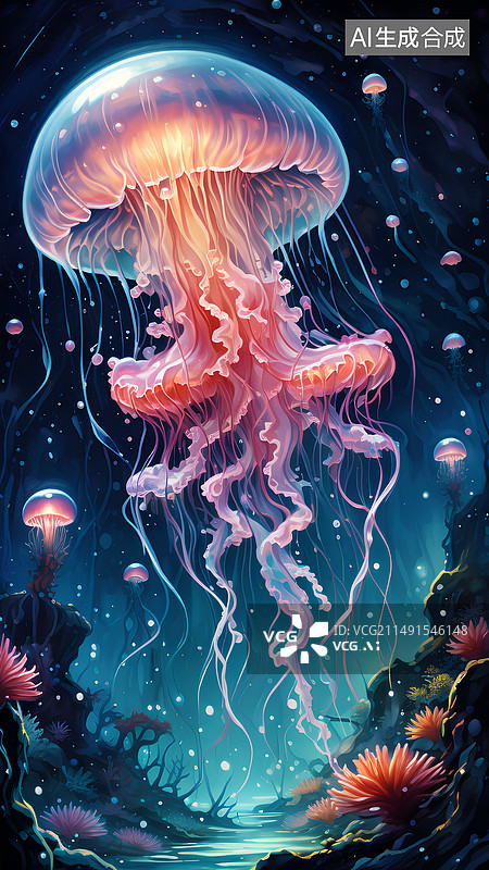 【AI数字艺术】梦幻海底，发光水母插图图片素材