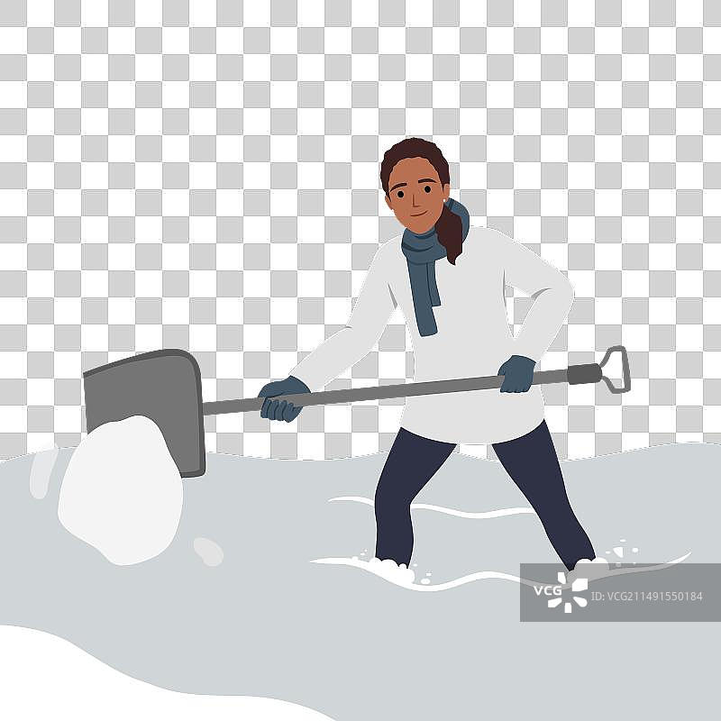 用铲子清理和挖车的女人图片素材