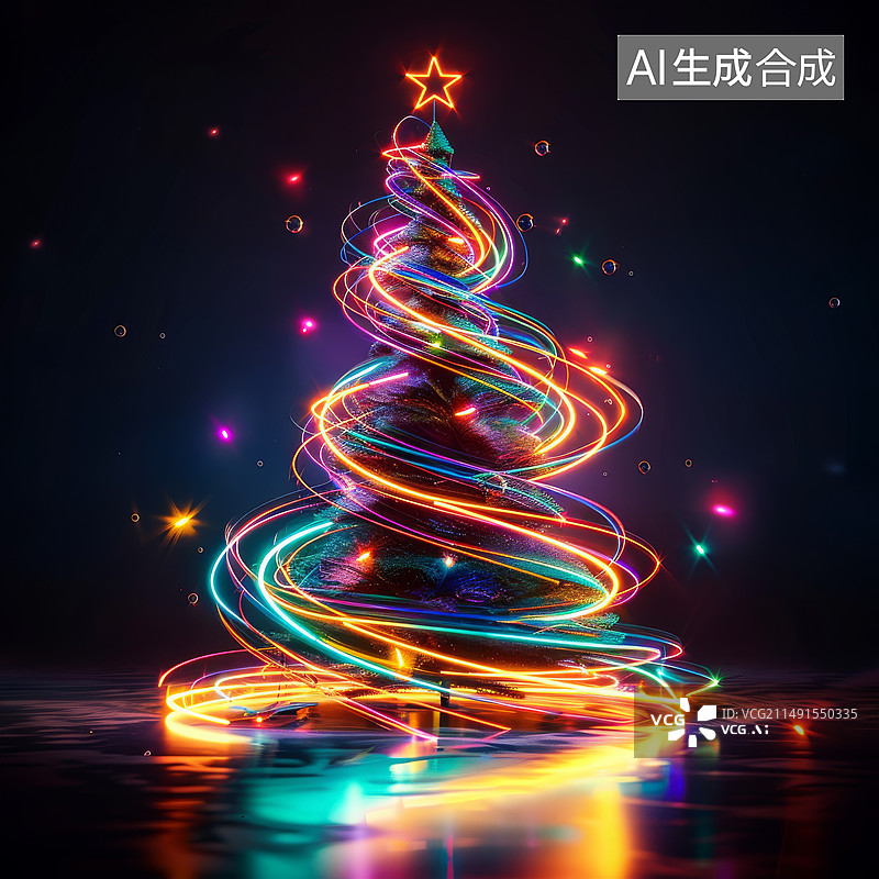 【AI数字艺术】黑色背景，光绘的圣诞树图片素材