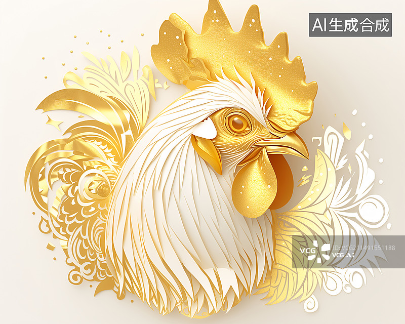 【AI数字艺术】十二生肖鸡头白色金色纸雕3D剪纸插画图片素材