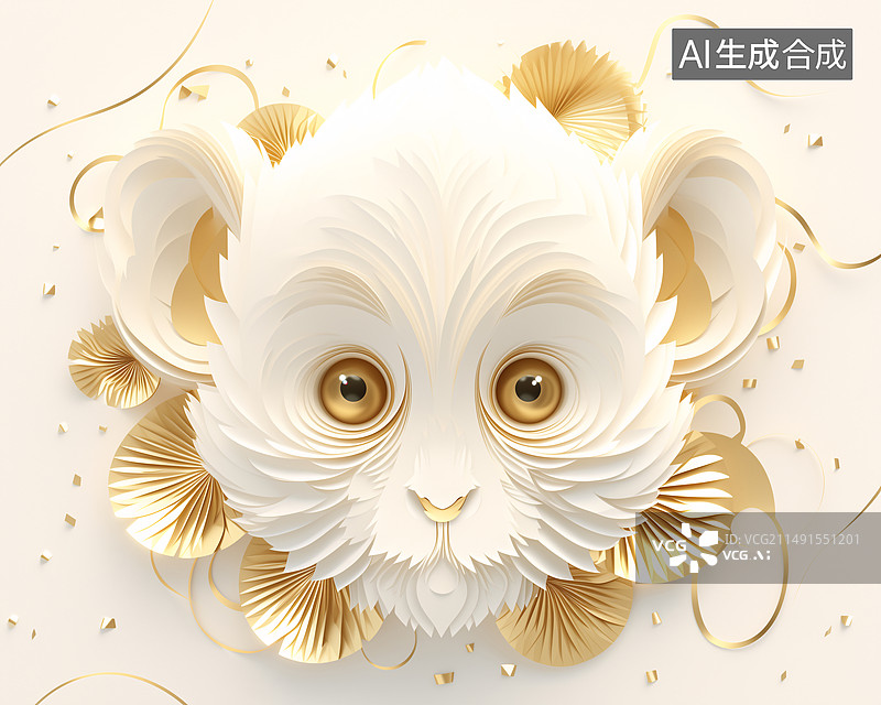 【AI数字艺术】十二生肖猴头白色金色纸雕3D剪纸插画图片素材