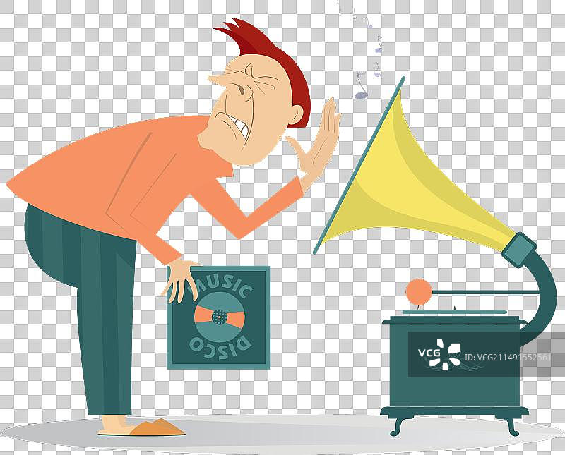 男人在旧唱片机上听唱片图片素材