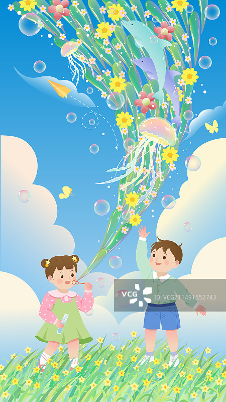 儿童节女孩吹泡泡图片素材