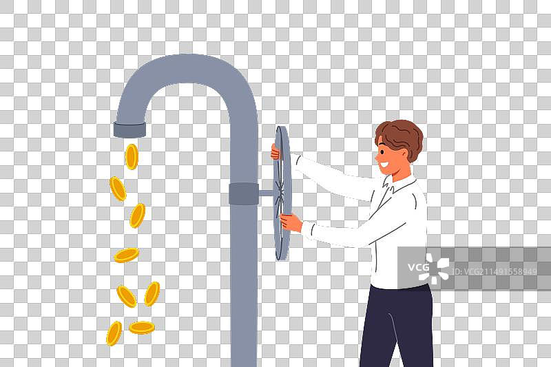 投资者打开水龙头，硬币滚滚而来图片素材