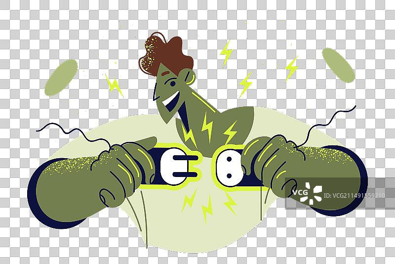 男人将插头插入插座并欢欣鼓舞图片素材