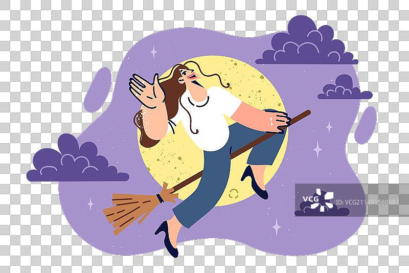 满月之夜，女巫骑着扫帚飞行图片素材