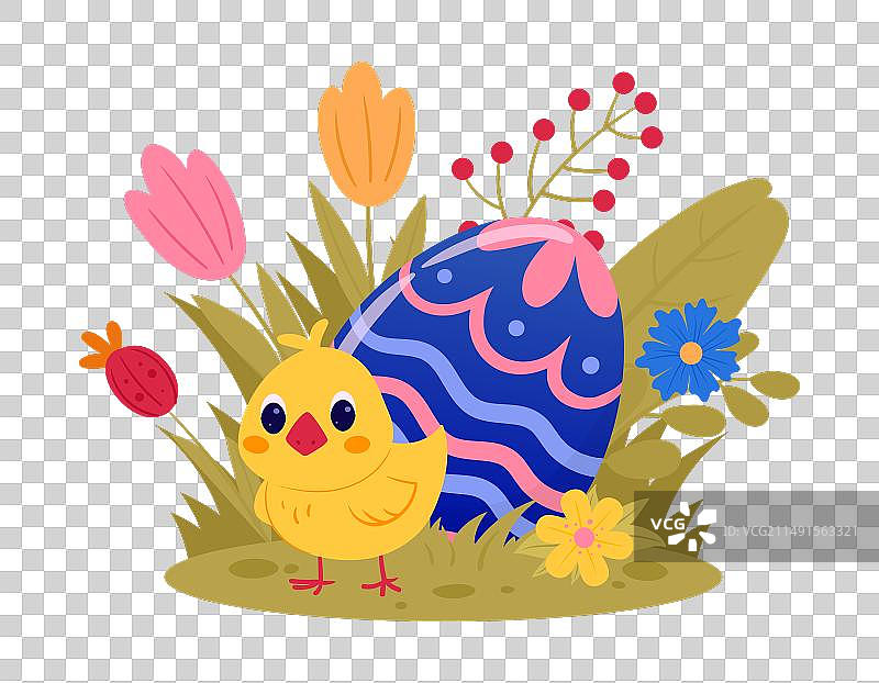 卡通可爱小鸡与彩绘复活节彩蛋图片素材
