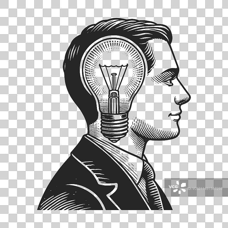 创意理念与灯泡头雕刻图片素材